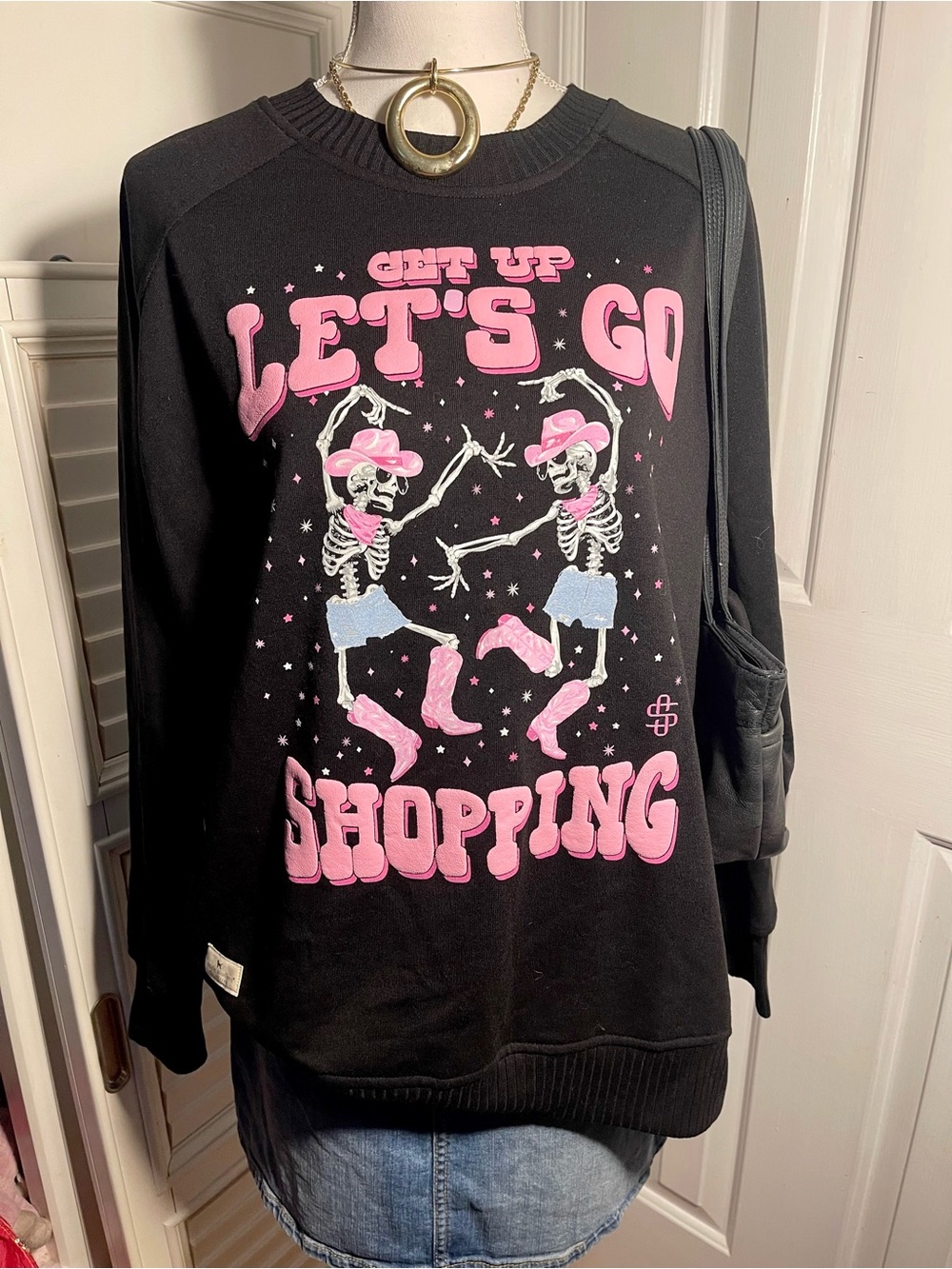 Get Up Let's Go Shopping Black Graphic Sweatshirt - Pink Print